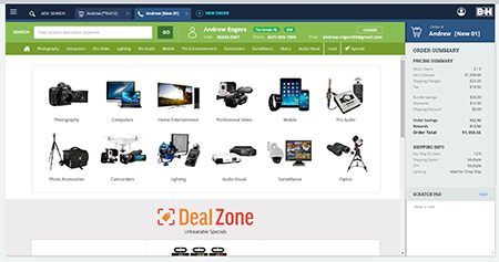 B&H order-management catalog screen with product categories and order summary