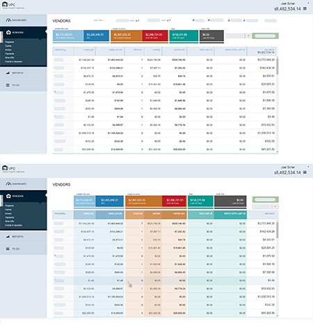 B&H VPC vendor table studies using background color to distinguish financial categories