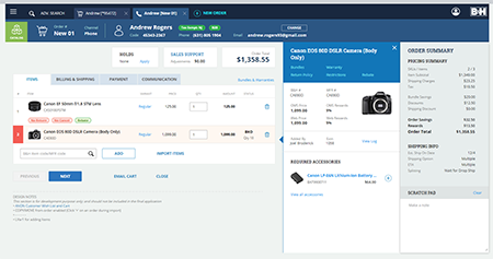 B&H order-management invoice view with product details and order summary