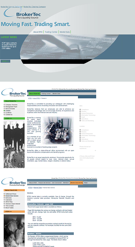 Composite of three surviving BrokerTec web pages: landing page, company page, and market-data page