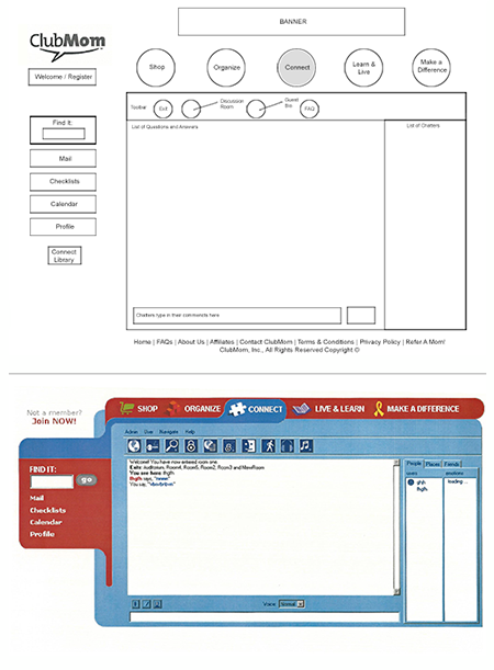 Composite showing an early ClubMom celebrity chat wireframe above a later visual design of the finished interface