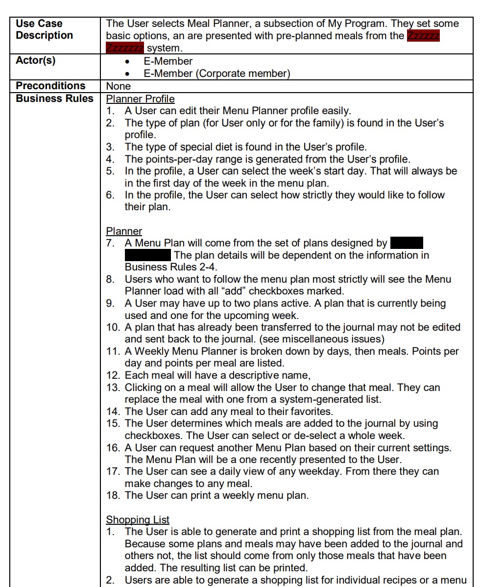 WeightWatchers Menu Planner business rules and use case