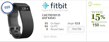 Color Bids mockup showing a Fitbit item and the History information panel.