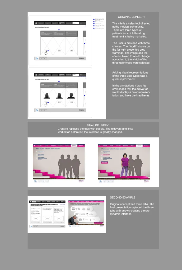 Wireframe-to-final progression for a medical sales presentation
