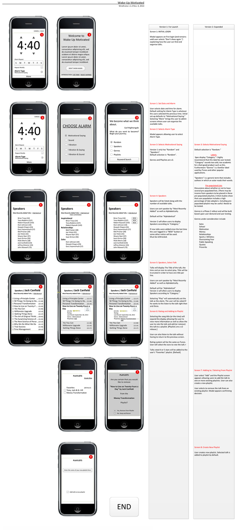 Annotated mobile screens for the Wake Up Motivated application