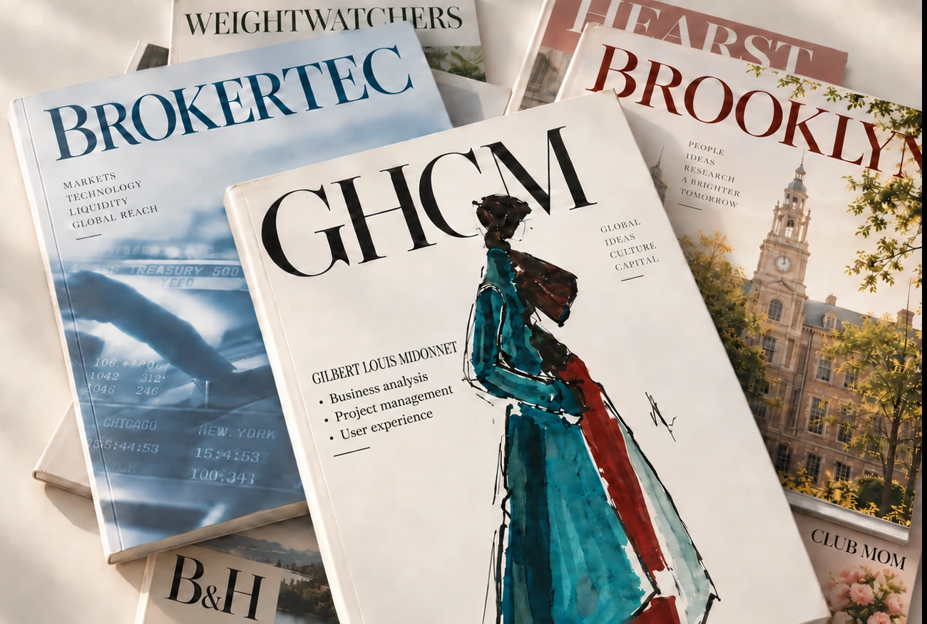An editorial illustration of overlapping magazine covers representing GHCM, BrokerTec, Brooklyn College, WeightWatchers, Hearst, B&H, and ClubMom.